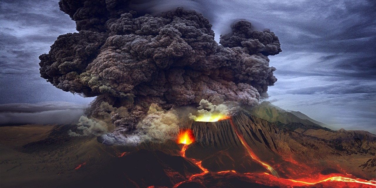 Image depicting a volcano that caused mass extinction which was the reason why dinosaurs dominated earth