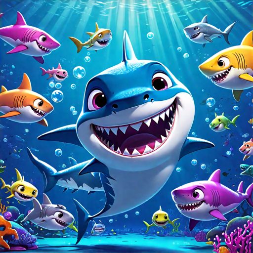 Image depicting Cartoon baby shark, mommy shark, daddy shark, etc. dancing underwater, bright colors, bubbles