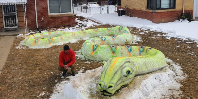 Image depicting snow, as in, Family creates 23-metre snake out of snow
