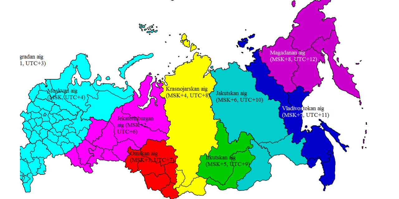 image depicting time zones, as in, The world's largest country, Russia, spans 11 time zones