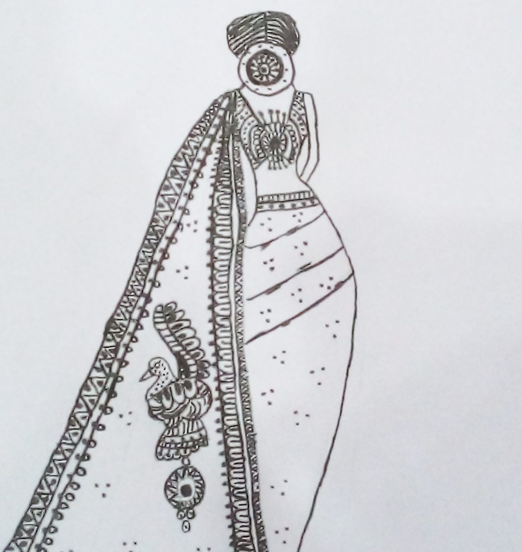 Image depicting mandala art, woman, saree