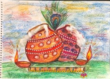 Image depicting Crayon Drawing: Colorful Flute, Mor Pankh Art