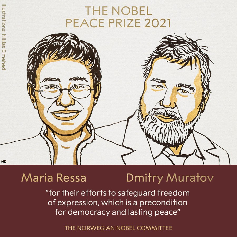 image depicting Journalists Maria Ressa, Dmitry Muratov win 2021 Nobel Peace Prize