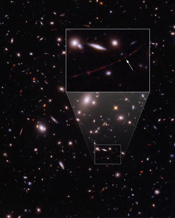 Image depicting Earendel - Hubble seeks a star 28 billion light years from Earth!