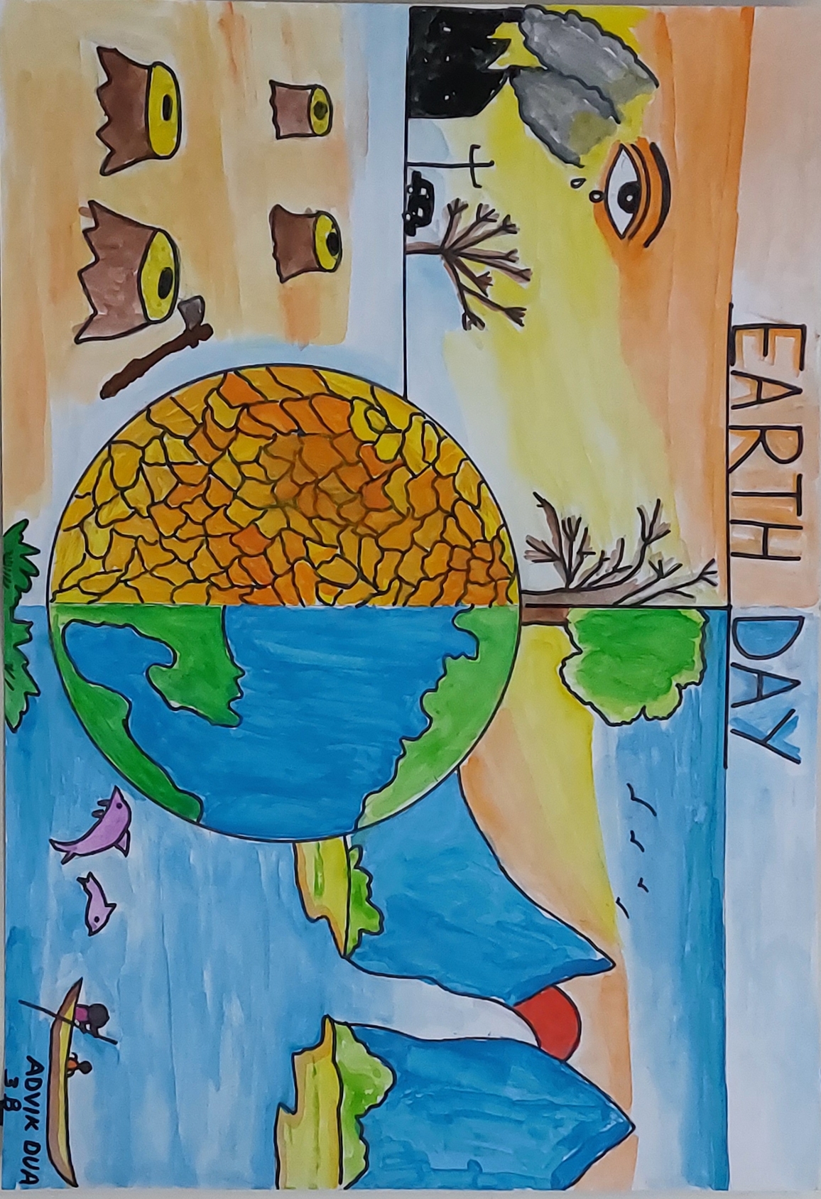 Easy Earth Day Drawing: Happy Earth with House and Trees