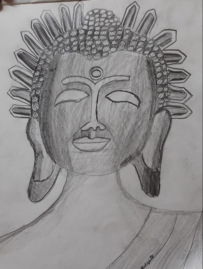 Black and white drawing of a Buddha meditating; Zen Buddhism; Yoga; Search  for enlightenment;Nirvana