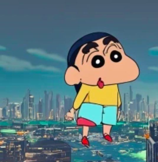 Shinchan upside-down looking at the city. Cars driving on the ceiling, dogs with cat tails!