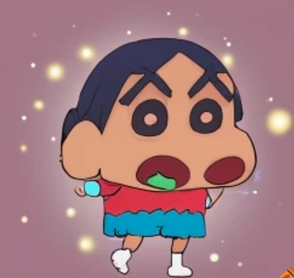 Shinchan with wide eyes, holding a Chocobi with sparkles swirling around it.