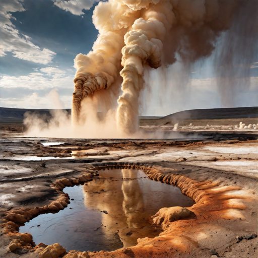Image depicting a desolate Venusian landscape, sulfurous geysers spitting against a scorched sky.