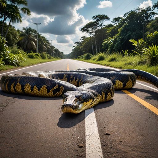 Image depicting Giant Anaconda Stops Traffic in Brazil: A Wildlife Encounter