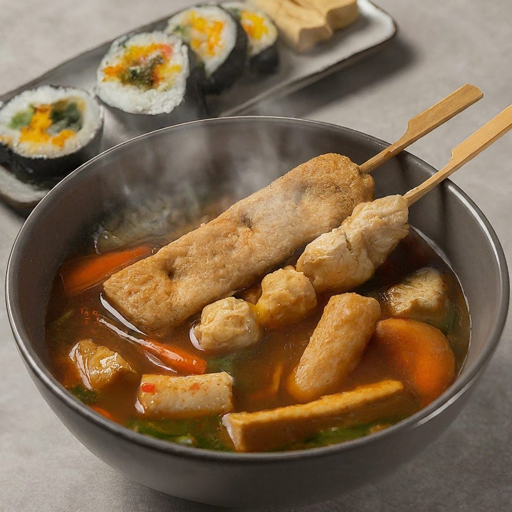 Image depicting A steaming bowl of odeng with skewers of fish cakes, tofu, and vegetables, accompanied by a plate of mayak kimbap