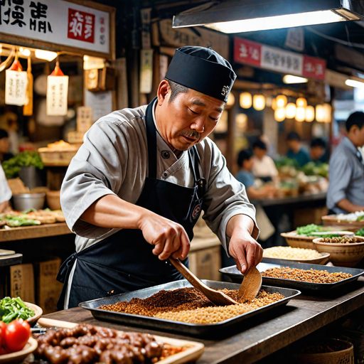 Image depicting A vendor at Gwangjang Market skillfully flipping a bindaetteok with a spatula.