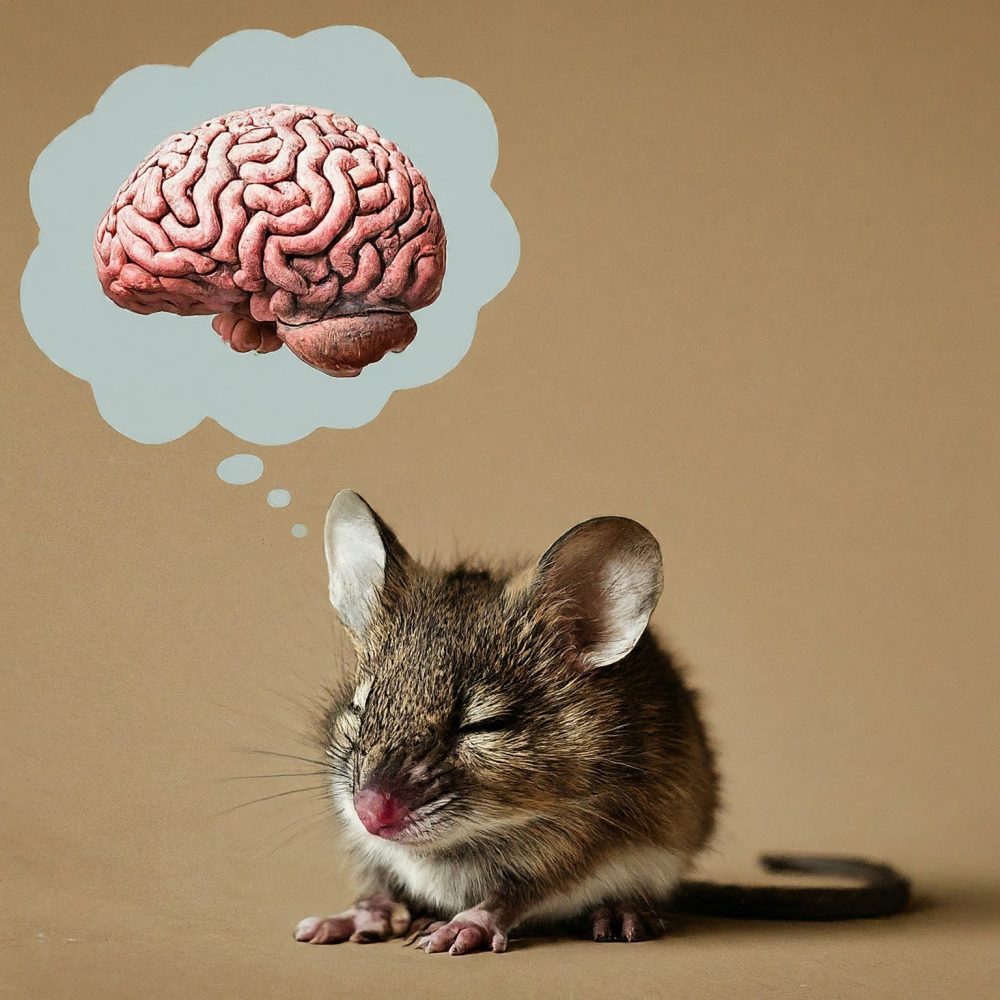 Image depicting A close-up illustration of a mouse with a thought bubble showing a mini-brain taking a nap, while the mouse itself sits still, eyes half-closed