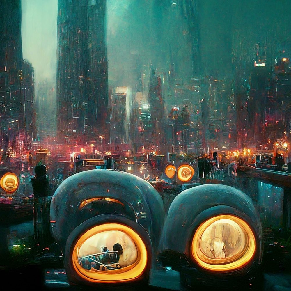 Image depicting A futuristic cityscape with glowing pods where people are taking rejuvenating micro-naps