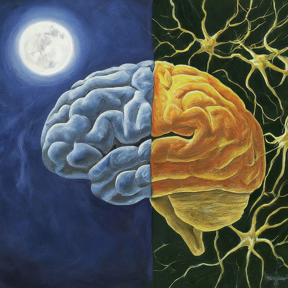 Image depicting A vibrant illustration of a human brain, split in half, with one side bathed in moonlight and the other glowing with daylight. Neurons on the moonlit side are curled up, snoozing, while the sunlit neurons are wide-eyed and firing away.